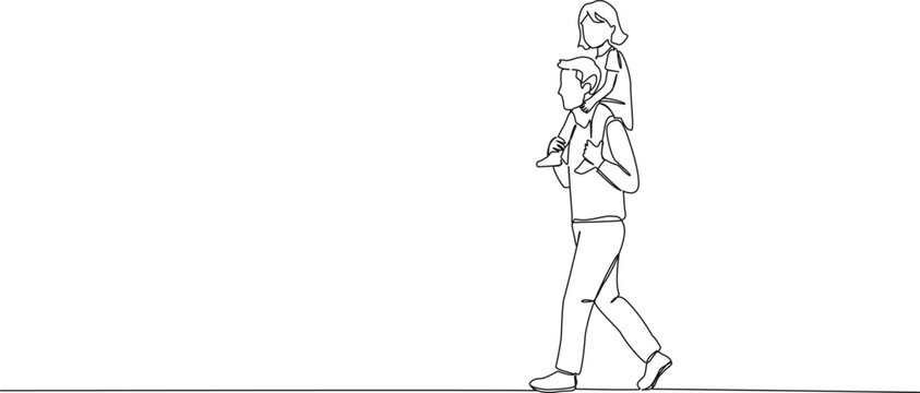 continuous line drawing of dad carrying young daughter on his shoulders while walking, minimalist line art vector illustration
