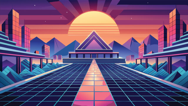 Futuristic retro city pyramid landscape with glowing sunset landscape synthwave cyberpunk futuristic vaporwave architecture electronic illustration background structure monument dystopian