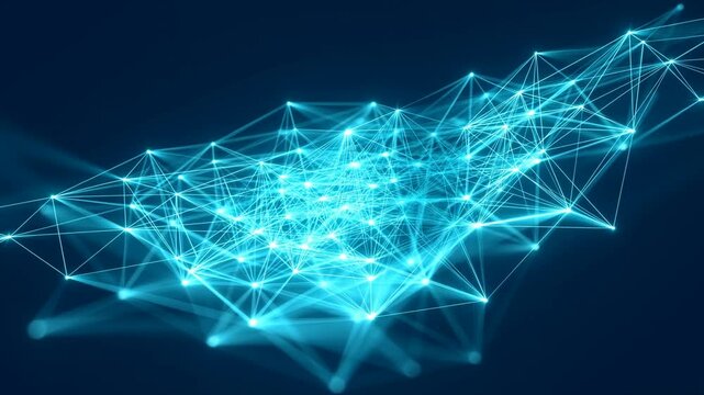 Abstract digital network connectivity with glowing blue plexus nodes and lines representing data transmission and cloud computing technology