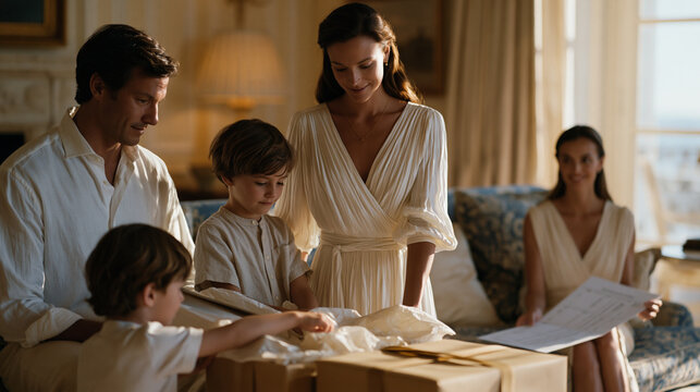 Extended family gathers in a sunlit luxury sitting room where an art teacher unpacks a micro fulfillment delivery of premium acrylic sets, children reaching eagerly into tissue