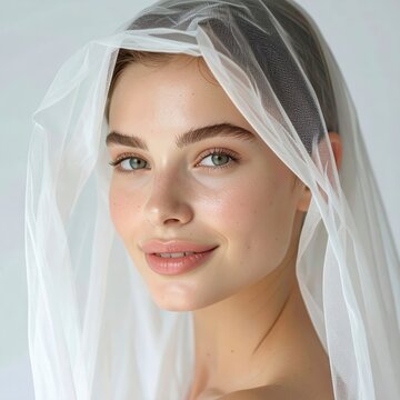 Bride wearing a sparkling veil. Young woman in wedding attire posing for portrait.