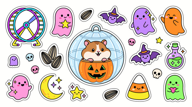 Cute hamster inside a pumpkin surrounded by colorful halloween stickers including ghosts bats candy corn and moon elements for seasonal decoration