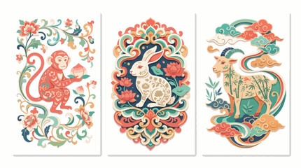 Naklejka premium Monkey, rabbit, and goat animal triptych. Stylized wildlife portraits in a decorative set.