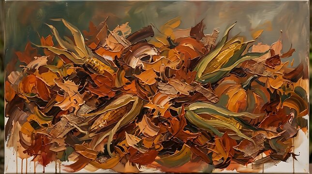 Abstract oil painting of autumn harvest with pumpkins and corn leaves.