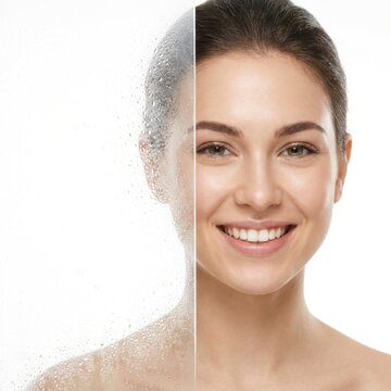 Woman with clean skin. Portrait of a girl behind glass with water droplets.