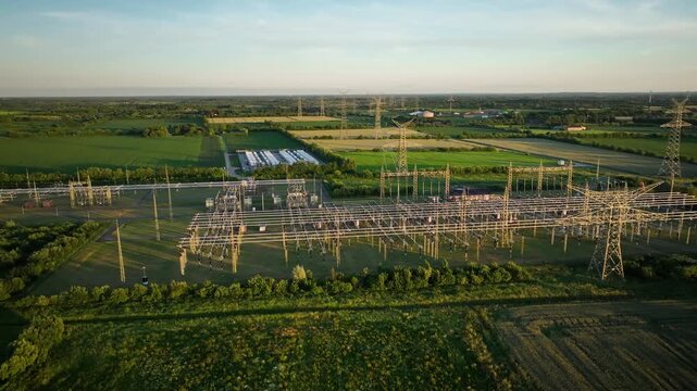 Drone pull out shot of an electrical substation and battery energy storage system (BESS) in  rural landscape with wind turbines at sunset. Renewable integration grid infrastructure.