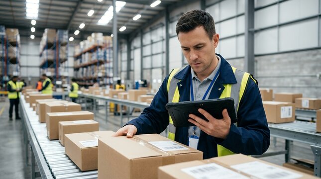 Warehouse worker scanning parcel labels. Inspector checking packages on conveyor belt.