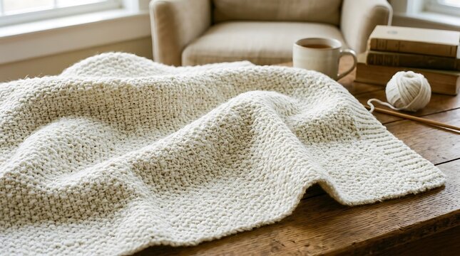 Cozy hand-knitted blanket, yarn, and needles on a rustic wooden table in a warm, relaxing home setting with tea and books.