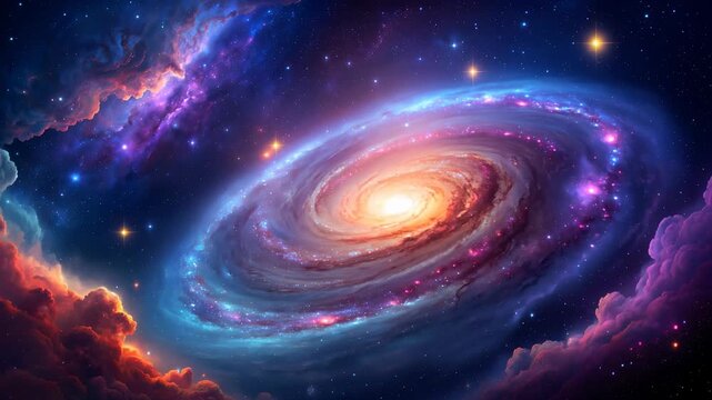 Vibrant spiral galaxy glowing brightly in colorful cosmic space with stars and nebula clouds