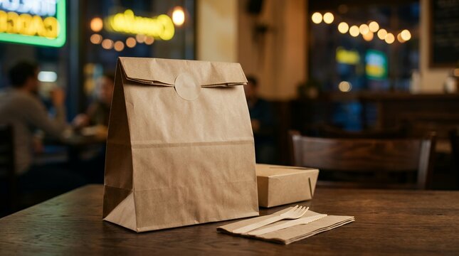 Takeout paper bag on a restaurant table. Eco-friendly food delivery packaging at night.