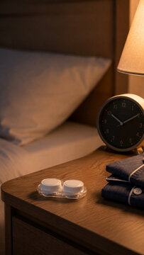 Sleeping with contact lenses concept shown by bedside table with lens case clock lamp and cozy bed in warm light