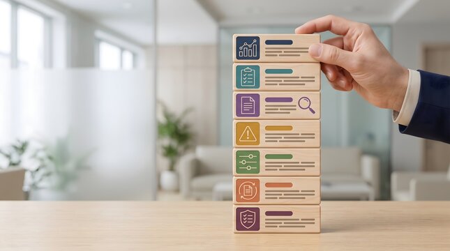 Business strategy implementation concept with hand stacking wooden blocks featuring corporate workflow and compliance icons