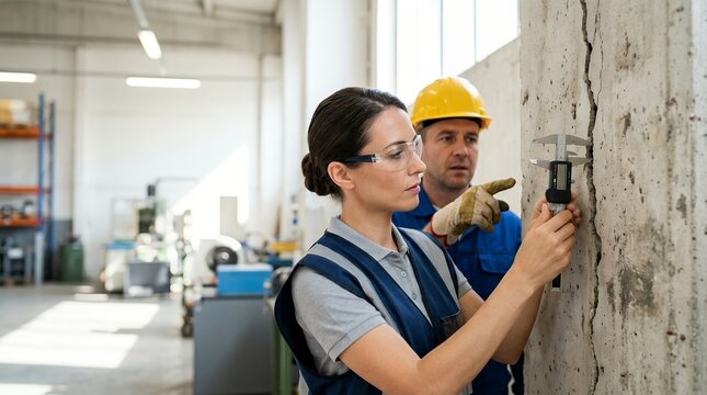 Engineers inspecting concrete wall crack. Professional team measuring structural damage.
