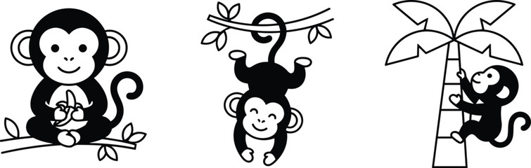 Minimalist linear monkey illustration bundle with happy cartoon primates, jungle branch leaves, tropical palm tree, and banana © nice