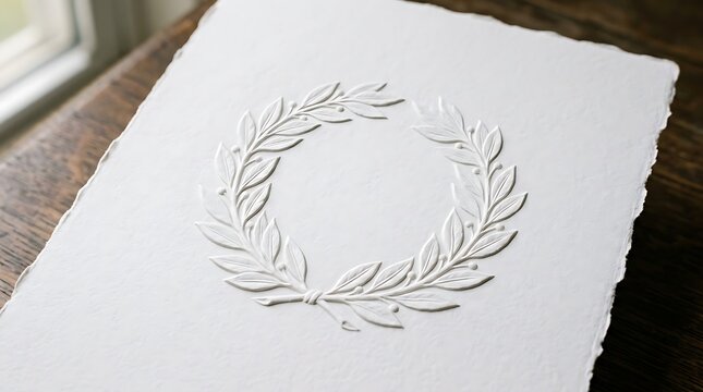 Elegant white paper with embossed laurel wreath design on wooden table
