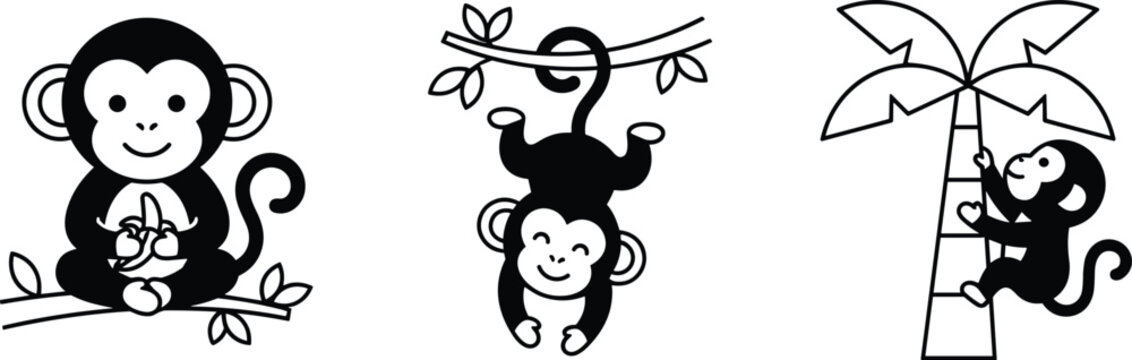 Minimalist linear monkey illustration bundle with happy cartoon primates, jungle branch leaves, tropical palm tree, and banana