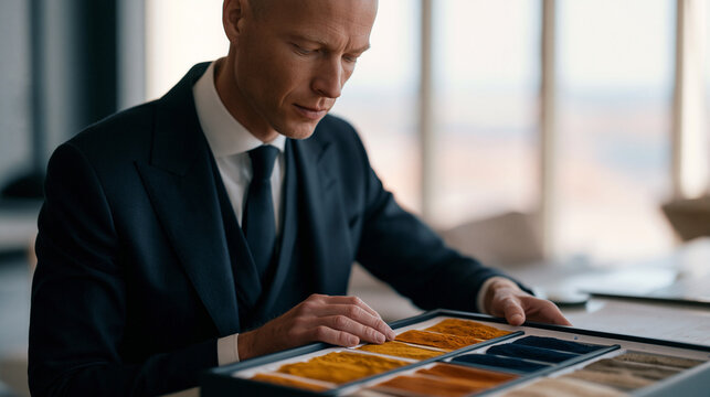 A customs brokerage specialist in a minimalist studio office arranges aromatic powder spice samples into two comparative document trays demonstrating commodity reclassification