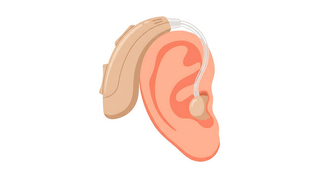 Behind-the-ear hearing aid placed in a human ear with a clear background