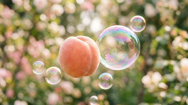 Floating fresh peach and colorful iridescent soap bubbles in a bright garden.