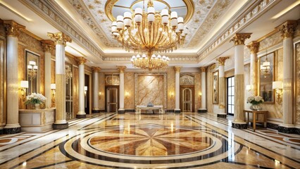 A majestic marble foyer bathed in creamy light amidst an intricate onyx and gold marble mosaic artwork