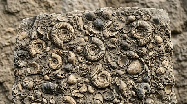 Fossilized ammonites and seashells embedded in ancient rock matrix, showcasing prehistoric marine life.