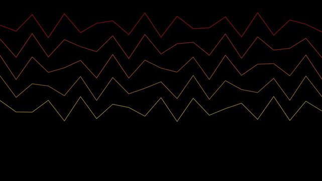 Abstract motion graphic of red and orange digital zigzag waveforms oscillating on a solid black background.