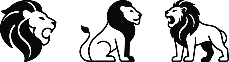 Lion vector illustration set featuring modern minimalist roaring predator head and sitting wild safari animal icons © MSTNAJMA