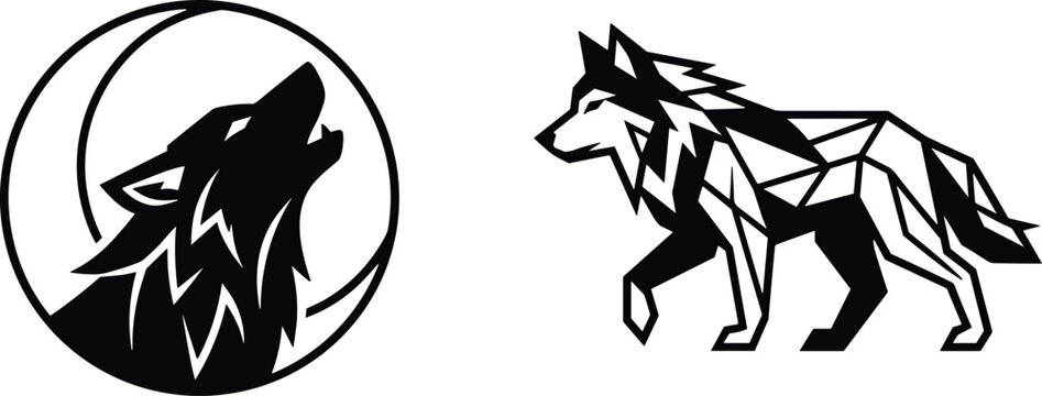 Geometric wolf vector illustration set featuring modern abstract howling predator icons isolated on white background