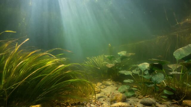 Underwater freshwater river plants with sunlight rays and clear water landscape nature scene