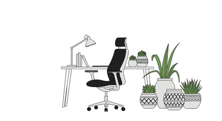 Fototapeta premium Modern minimalist workspace with ergonomic chair and various potted plants, concept for remote work productivity, ideal for website headers, business presentations and interior design blogs.