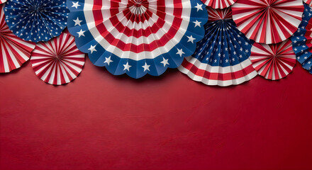Obraz premium Patriotic party hats for Independence Day celebration. Red white and blue festive accessories on vibrant background.