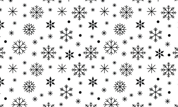 Minimalist seamless winter pattern showcasing black snowflake icons on a bright white backdrop for a festive holiday mood.