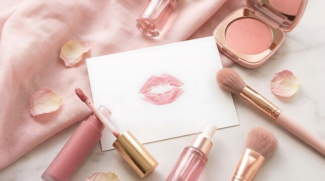 Pink lipstick kiss print on white paper with cosmetic makeup brushes