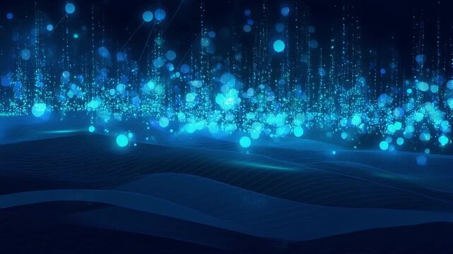 Abstract digital technology background with glowing blue particles and wave lines for futuristic innovation