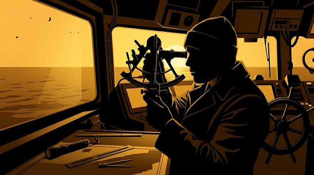 Sailor using sextant on ship bridge at sunset for navigation. Vector illustration of maritime captain tracking stars over ocean.