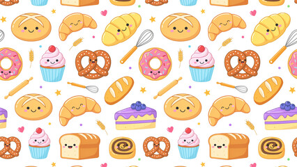 Fototapeta premium Colorful cartoon food items with faces arranged in cheerful repeating pattern transparent background