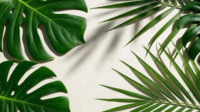 Monstera and Palm Leaves Framing White Background with Shadows. 4K Video
