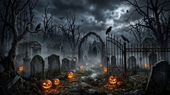 Spooky graveyard scene with glowing pumpkins and dark clouds.