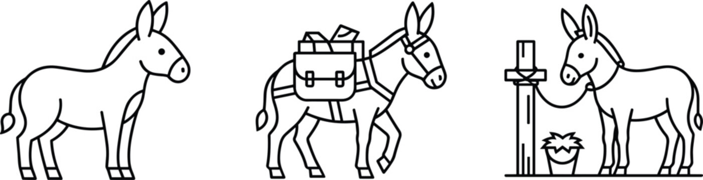Donkey vector illustration set featuring modern minimalist pack mule saddle bag and farming post tether icons