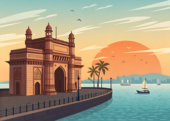 Naklejka premium Gateway of India overlooking calm Arabian Sea, modern premium vector style, rich limited colors, simplified geometric architecture