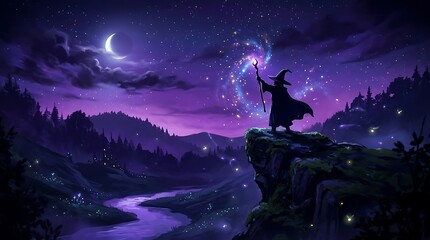 Fototapeta premium Silhouette of a wizard casting magic spell on a cliff at starry night