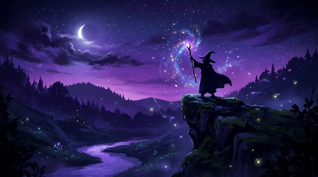 Silhouette of a wizard casting magic spell on a cliff at starry night