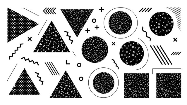 Creative geometric abstract patterns with dots lines swirls and symbols on transparent background for design projects