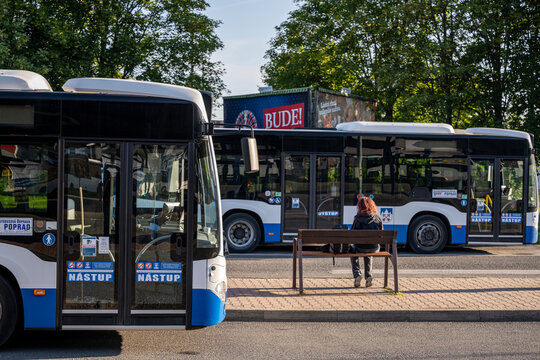 Poprad, Slovakia - July 25, 2026: City buses parked at the main bus station.