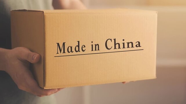 Person holding a cardboard box with Made in China label in warm light background