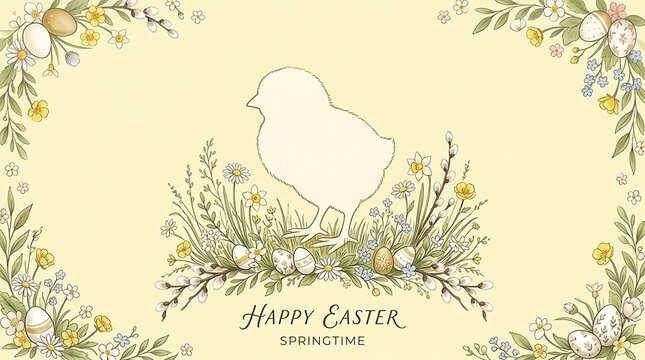 Spring Easter chick silhouette on grass with floral eggs and wildflowers