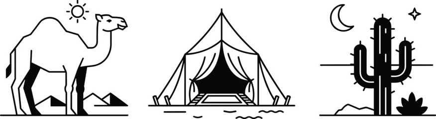 Desert camping adventure outline vector icon set featuring line art camel, safari tent, cactus, sun, and crescent moon © MdAlom