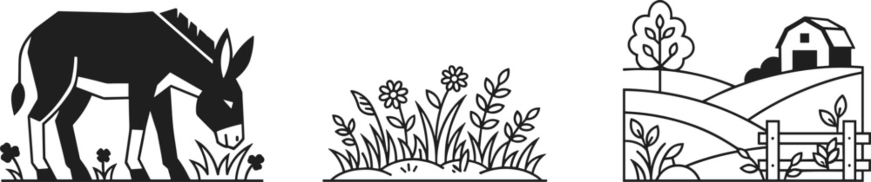 Donkey grazing vector illustration set featuring rural farm landscape barn meadow grass and wildflower icons