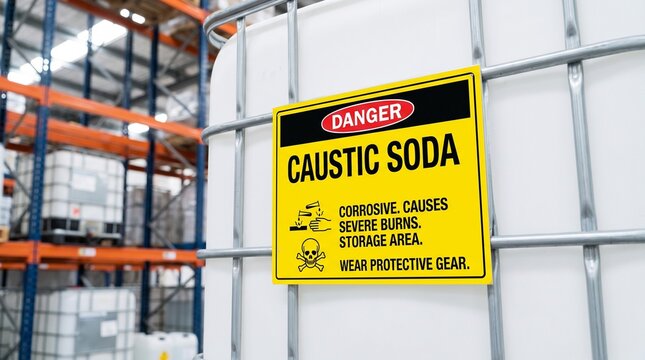 Warning label for caustic soda on storage tank in warehouse  