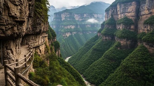 A narrow stone pathway winds along the side of a massive mountain cliff